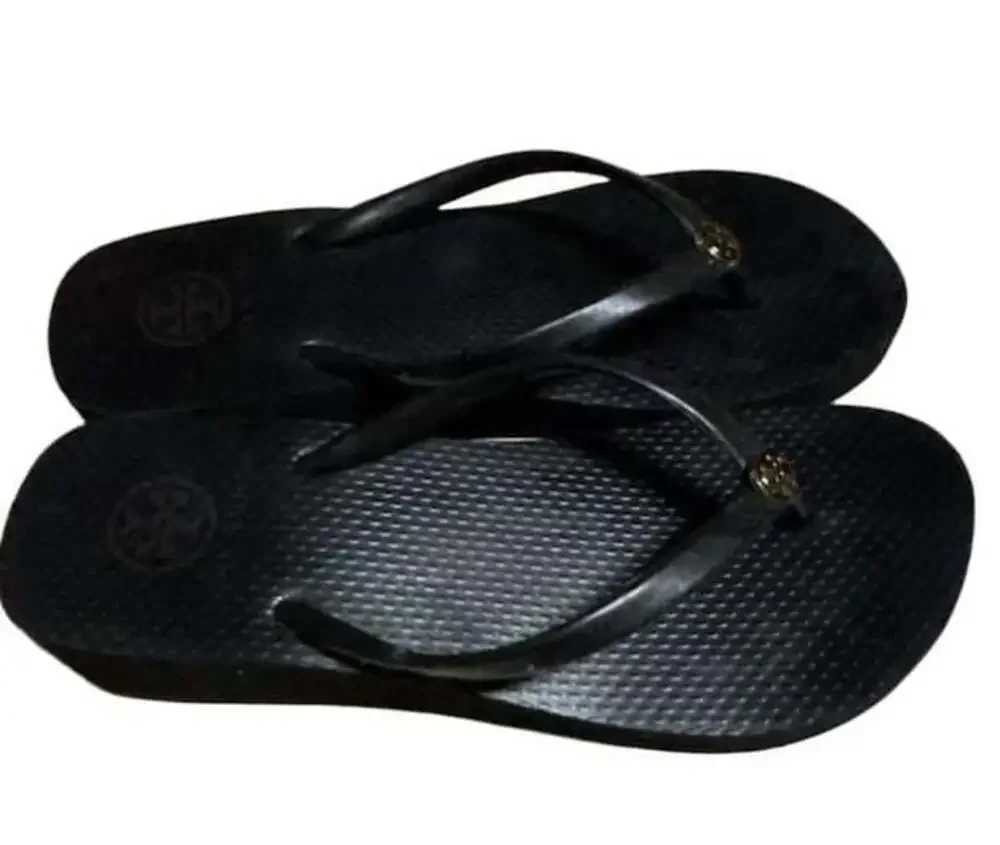 Tory Burch Black Rubber Wedge Flip Flops Sandals with Gold Logo